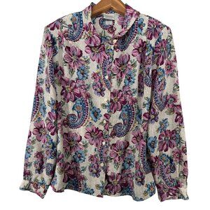 Vintage Pykettes Womens Blouse L Floral Paisley Purple Long-Sleeve Cottage Fairy